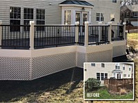 <b>Trex Vintage Lantern railing with Black Aluminum  Balusters and white Vinyl rail posts-White Vinyl Facsia and Lattice around perimeter of deck</b>